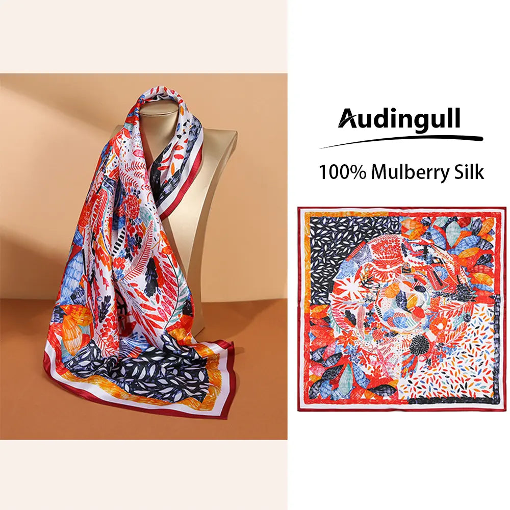 Audingull Classic Women's 100% Silk Scarf for Hair or Neck