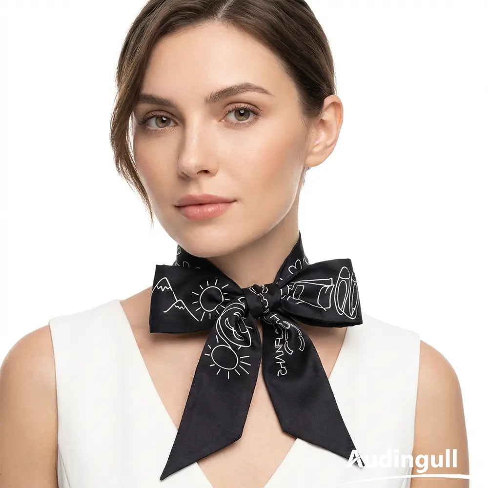 Audingull Printed 100% Silk Skinny Scarf Hair Ribbon Scarf