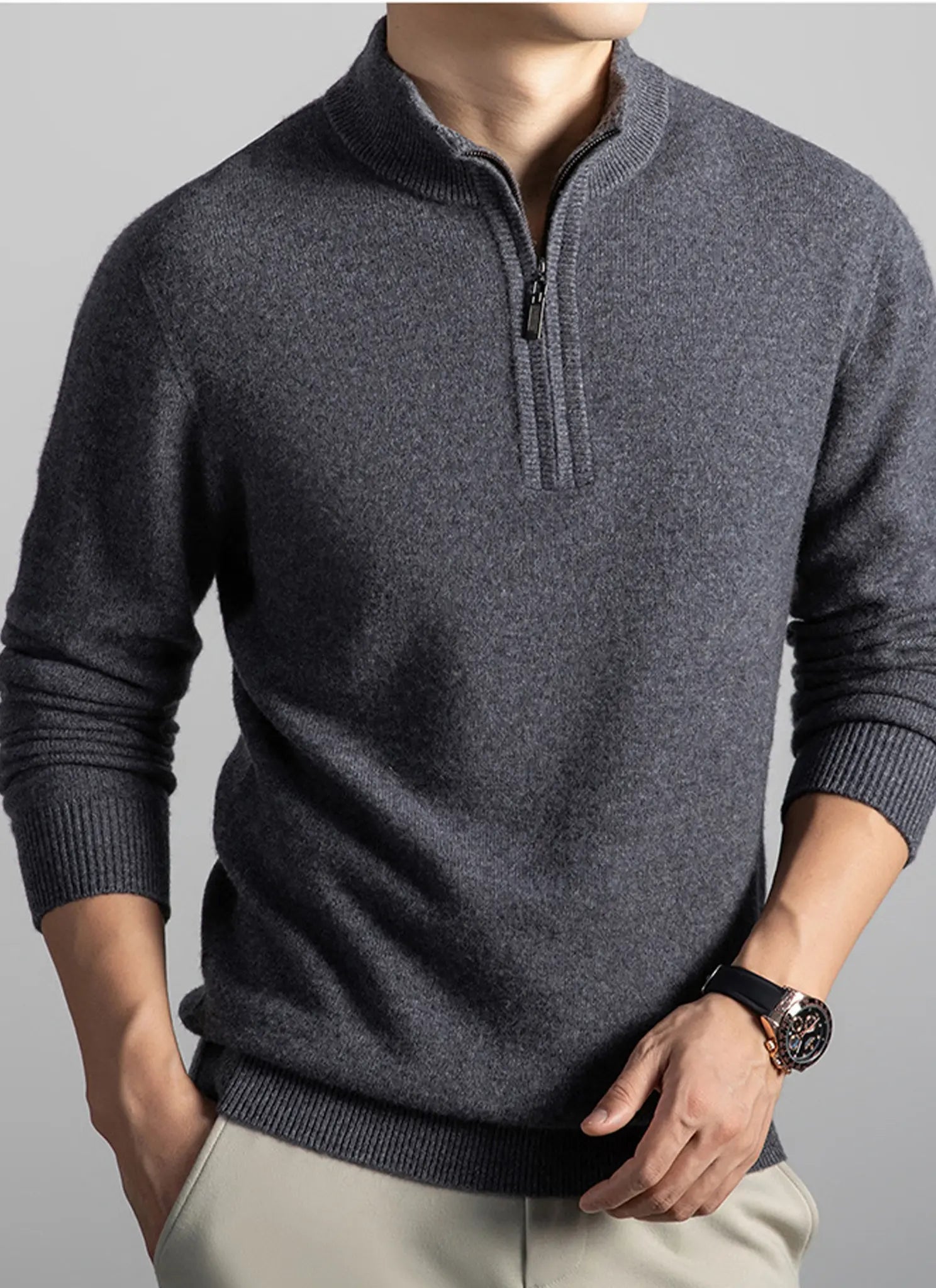 Audingull Men’s Premium 100% Cashmere Half-Zip Mock Neck Sweater