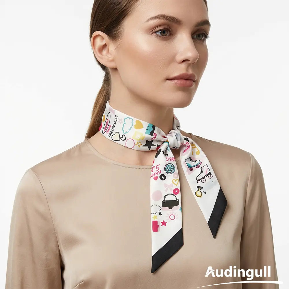Audingull Elegant 100% Silk Skinny Scarf for Women Hair Tie