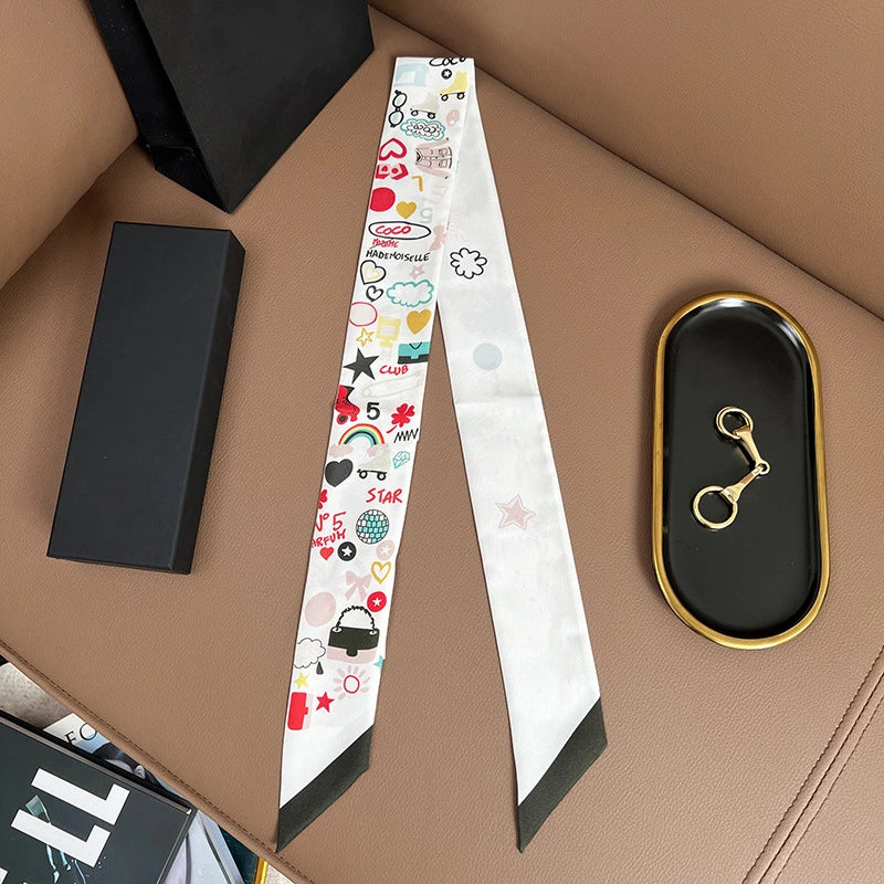 Audingull Elegant 100% Silk Skinny Scarf for Women Hair Tie