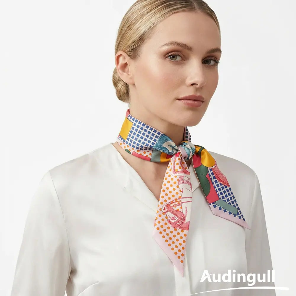 Audingull Printed Hair Ribbon 100% Silk Skinny Scarf