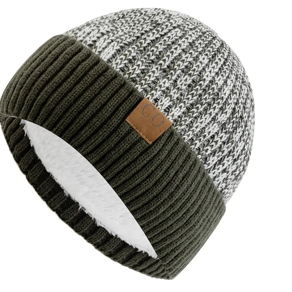 Two-Tone Ribbed Knit Beanie with Fleece Lining