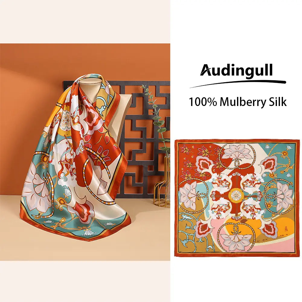 Audingull Classic Women's 100% Silk Scarf for Hair or Neck
