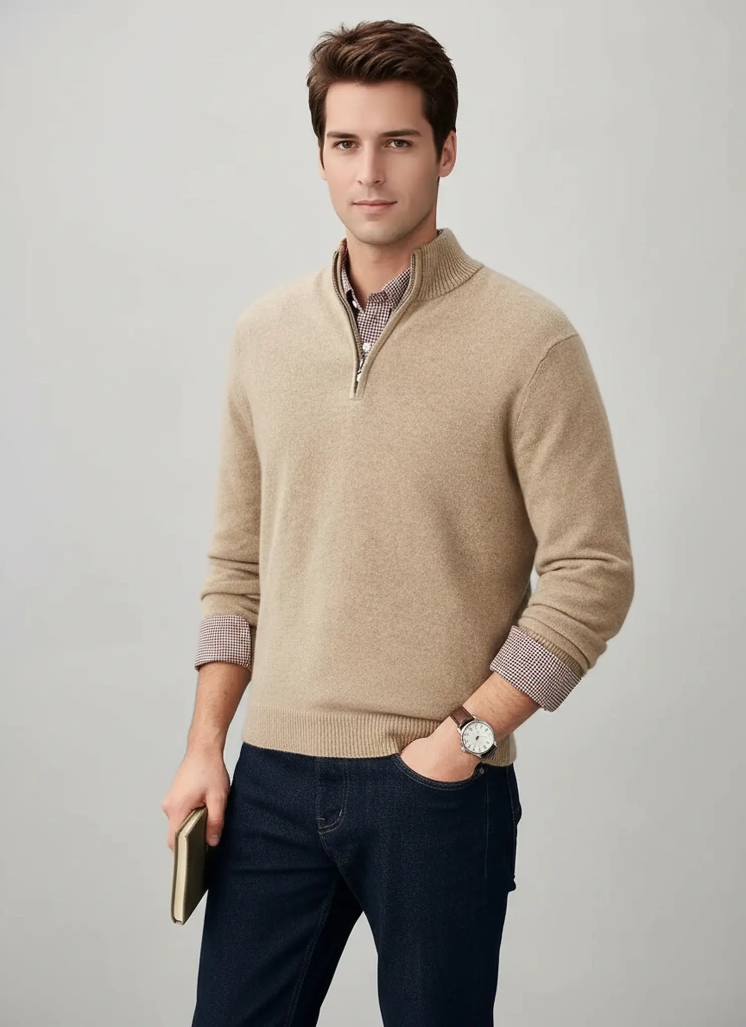 Audingull Men’s Premium 100% Cashmere Half-Zip Mock Neck Sweater