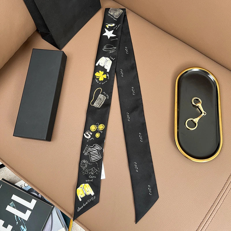 Audingull Elegant 100% Silk Skinny Scarf for Women Hair Tie