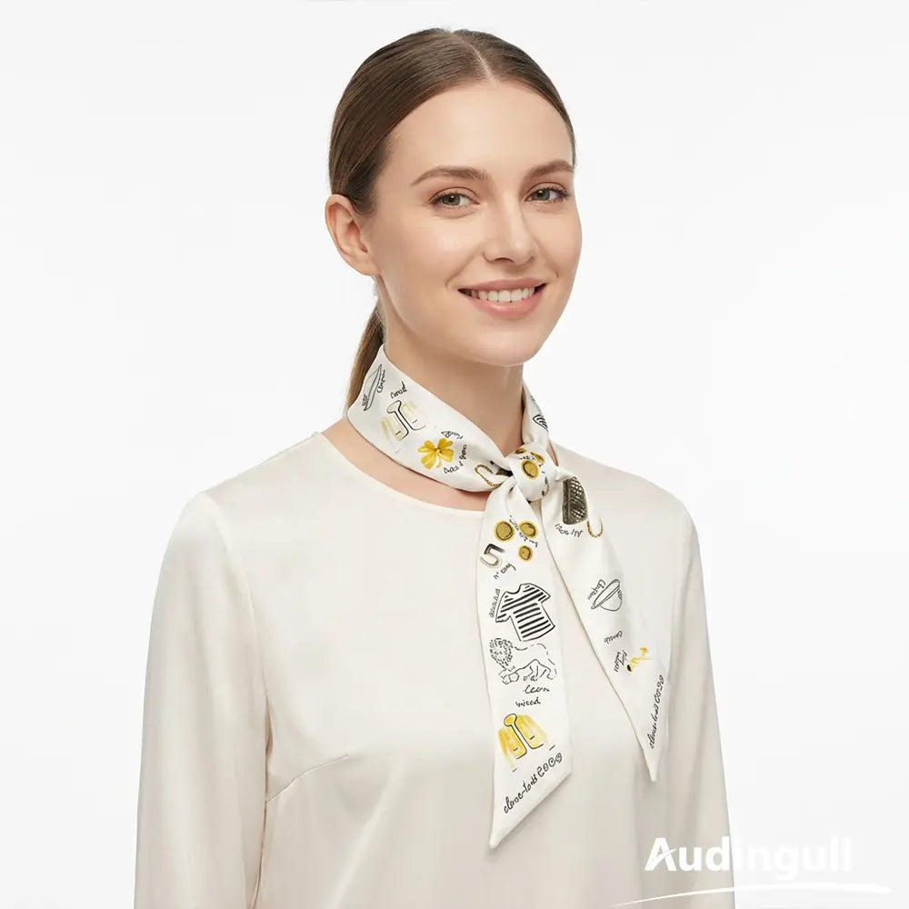 Audingull Elegant 100% Silk Skinny Scarf for Women Hair Tie