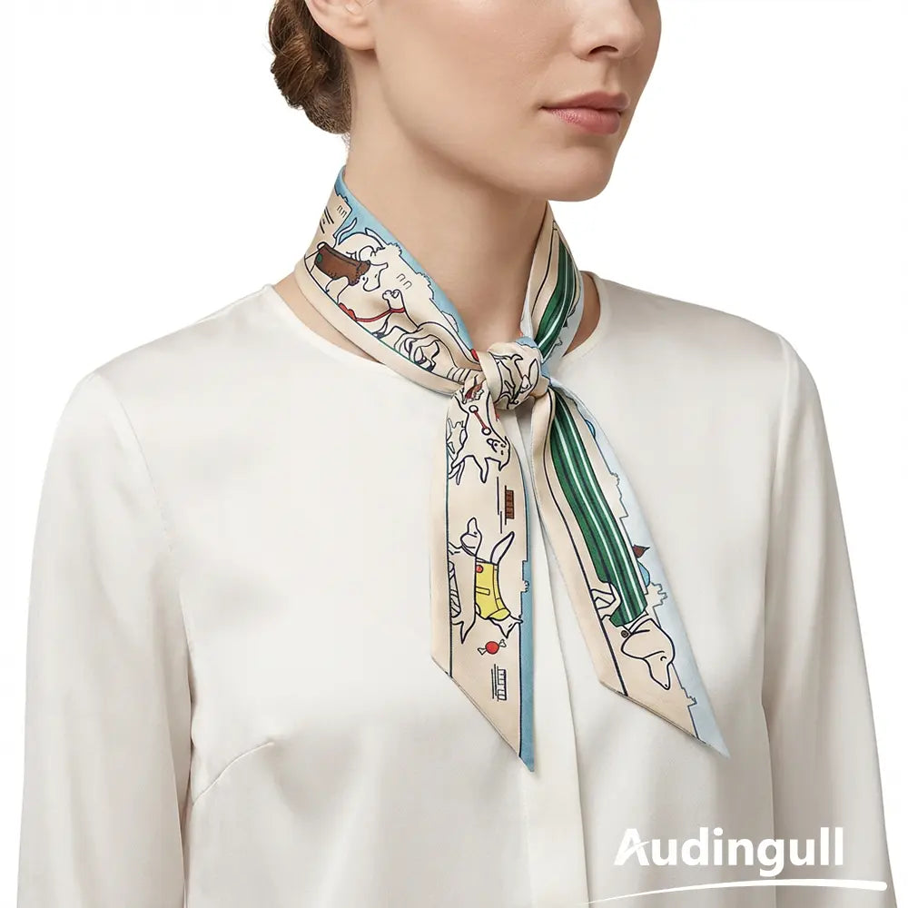 Audingull Elegant Printed 100% Silk Skinny Scarf Hair Scarf