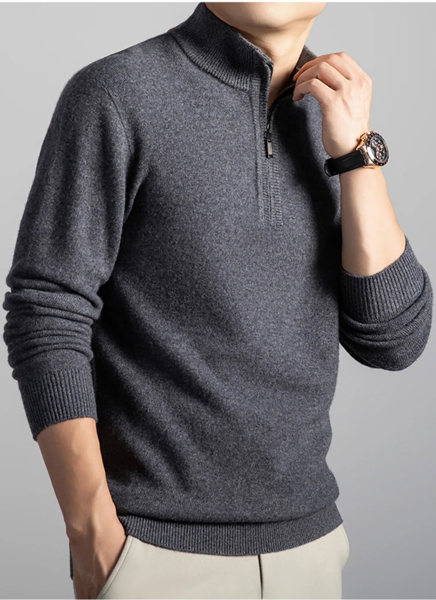 Audingull Men’s Premium 100% Cashmere Half-Zip Mock Neck Sweater