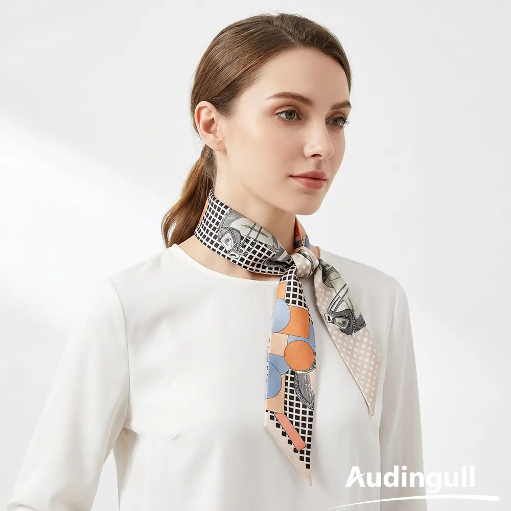 Audingull Printed Hair Ribbon 100% Silk Skinny Scarf