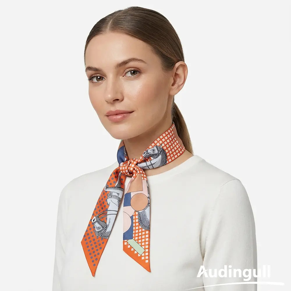 Audingull Printed Hair Ribbon 100% Silk Skinny Scarf