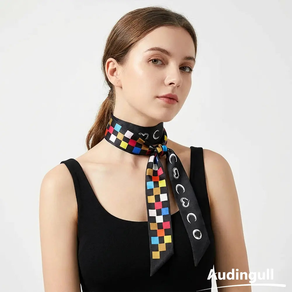 Audingull Soft Printed 100% Silk Skinny Scarf for Hair