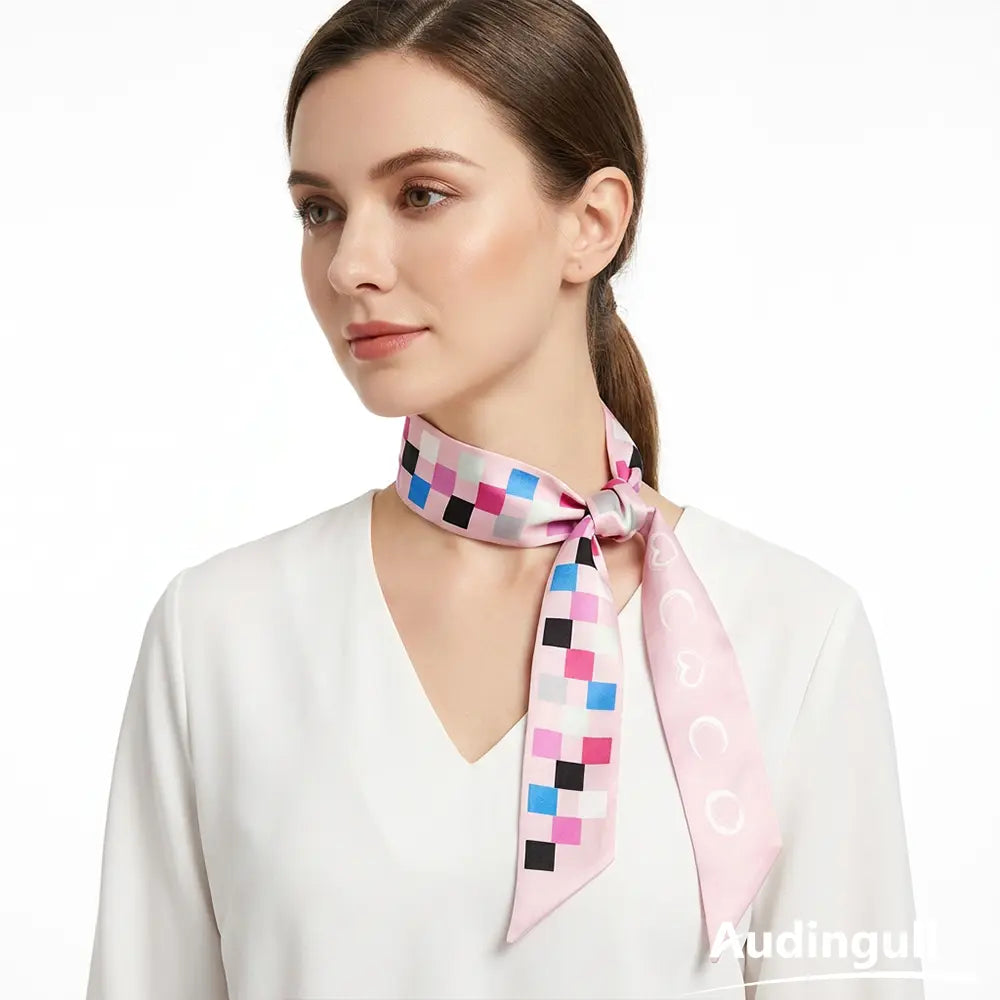 Audingull Soft Printed 100% Silk Skinny Scarf for Hair