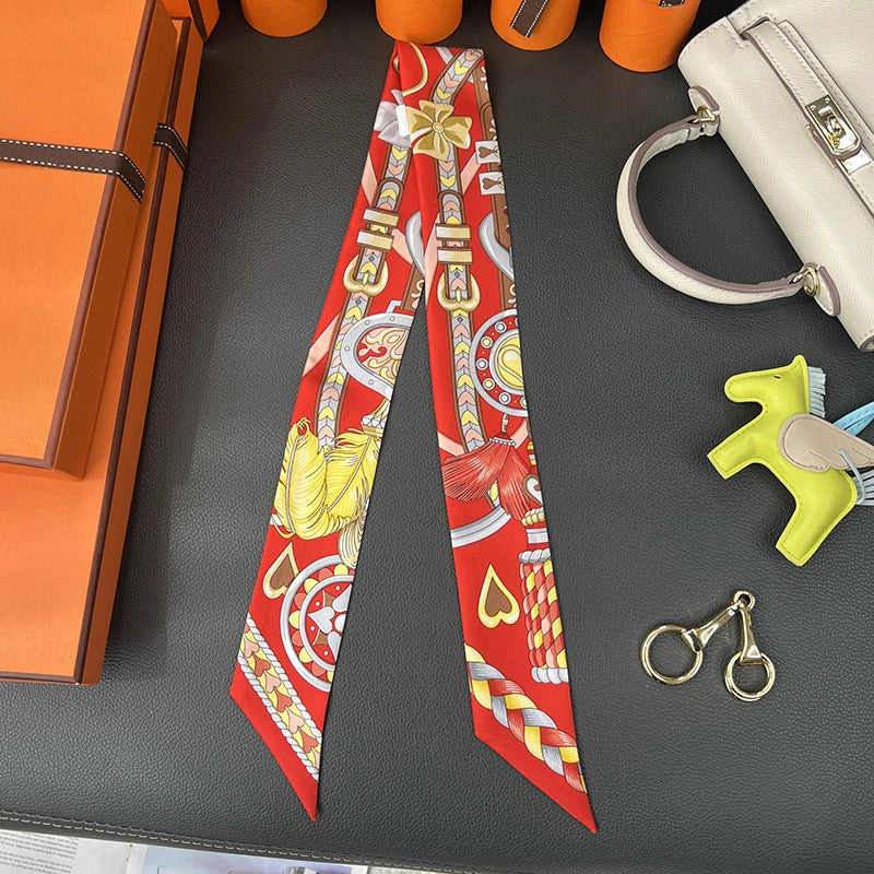 Audingull Women's Printed 100% Silk Skinny Scarf Hair Tie