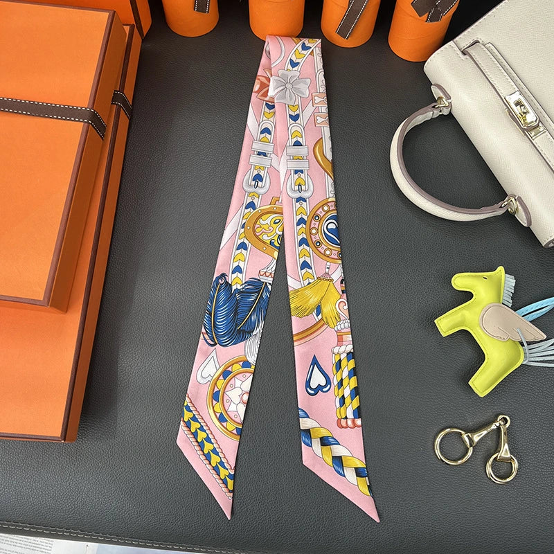 Audingull Women's Printed 100% Silk Skinny Scarf Hair Tie