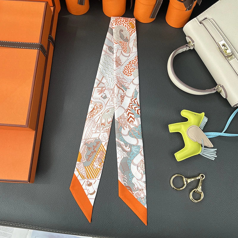 Audingull Women's Printed 100% Silk Skinny Scarf Hair Tie